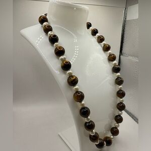 Women's Natural Round Tiger's Eye & Round Pearls Spacers Beaded Necklace 19"